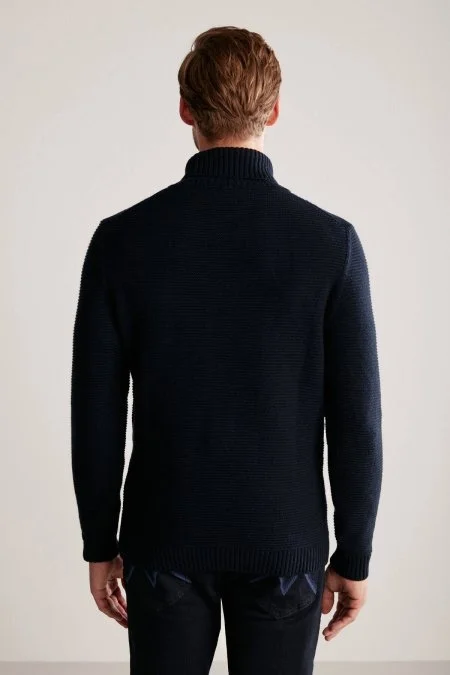 Baklava Desen Boğazlı Saf Kaşmir Lacivert Kazak