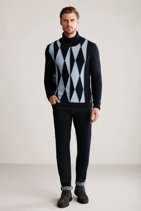 Baklava Desen Boğazlı Saf Kaşmir Lacivert Kazak