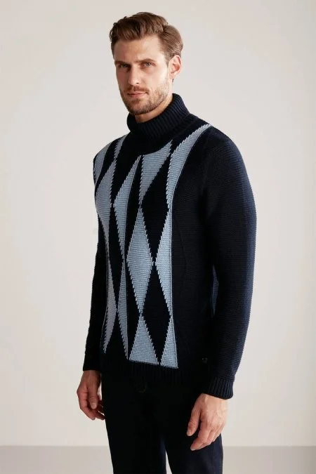 Baklava Desen Boğazlı Saf Kaşmir Lacivert Kazak