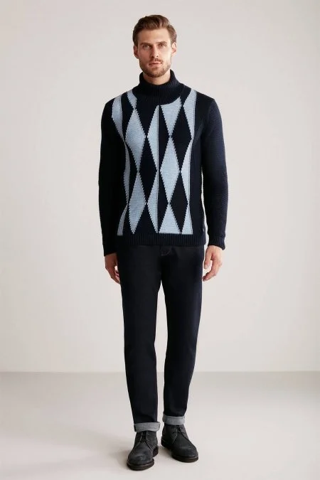 Baklava Desen Boğazlı Saf Kaşmir Lacivert Kazak