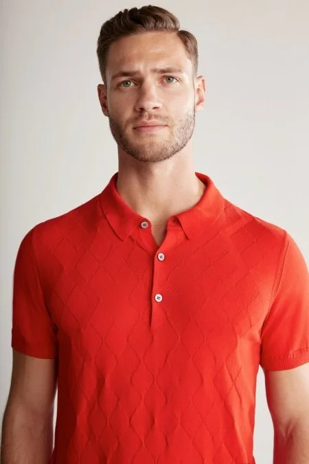 Argyle Desen Giza Pamuk Kırmızı Triko Polo