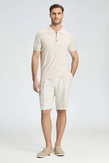 Baklava Desen Giza Pamuk Krem Rengi Triko Polo