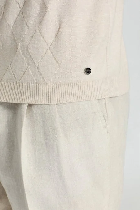 Baklava Desen Giza Pamuk Krem Rengi Triko Polo