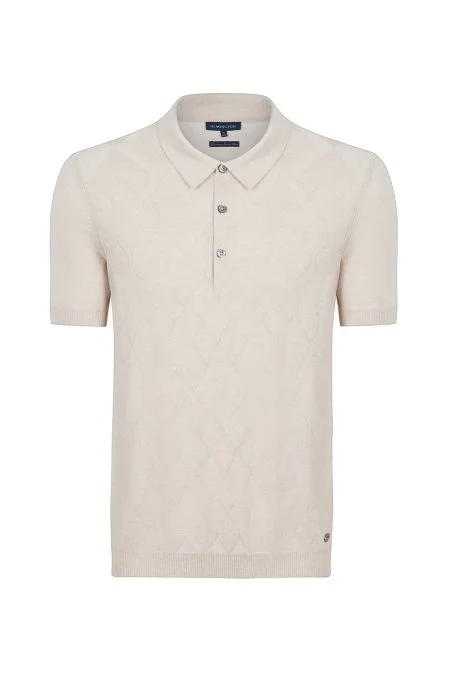 Baklava Desen Giza Pamuk Krem Rengi Triko Polo