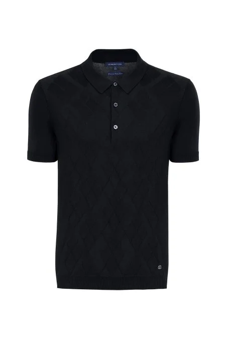 Baklava Desen Giza Pamuk Siyah Triko Polo