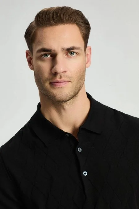 Baklava Desen Giza Pamuk Siyah Triko Polo