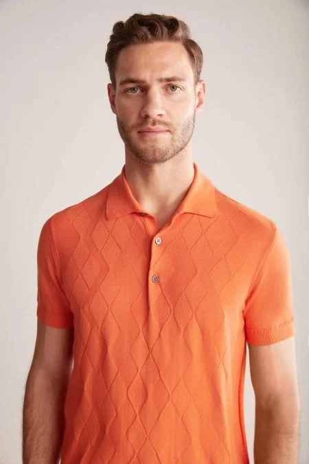 Argyle Desen Giza Pamuk Turuncu Triko Polo