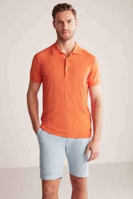 Argyle Desen Giza Pamuk Turuncu Triko Polo
