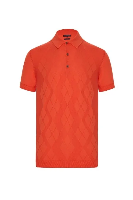 Argyle Desen Giza Pamuk Turuncu Triko Polo
