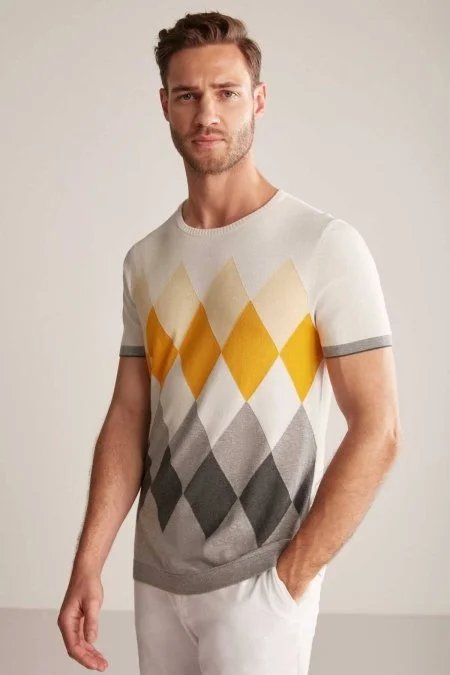 Argyle Desenli Gri-Beyaz Giza Pamuk Triko T-Shirt
