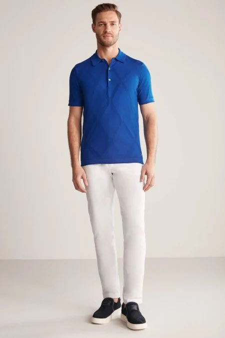 Baklava Desen İndigo Mavi Merserize Pamuk Triko Polo