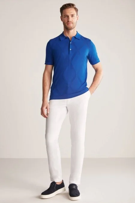 Baklava Desen İndigo Mavi Merserize Pamuk Triko Polo