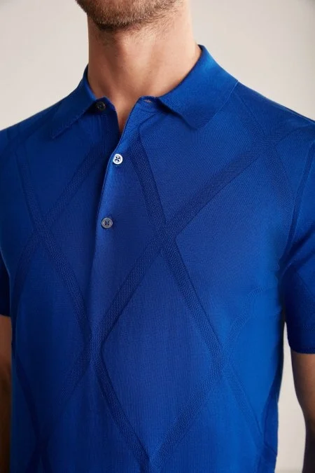 Baklava Desen İndigo Mavi Merserize Pamuk Triko Polo