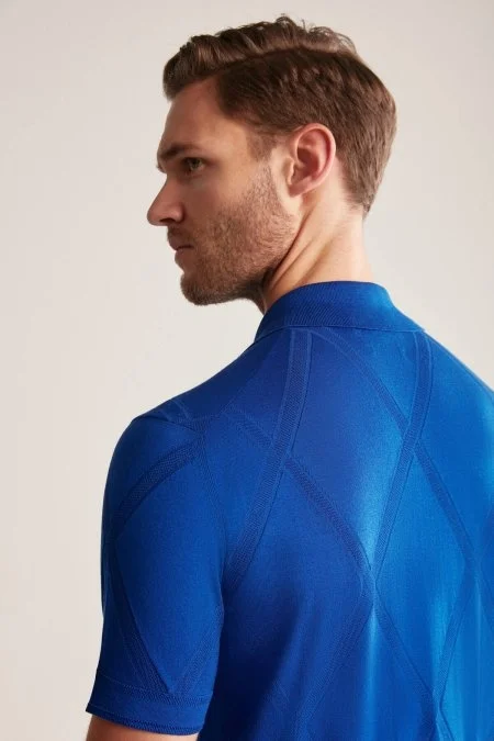 Baklava Desen İndigo Mavi Merserize Pamuk Triko Polo