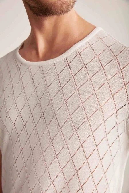 Ajur Desen Keten Pamuk Karışım Beyaz Triko T-Shirt