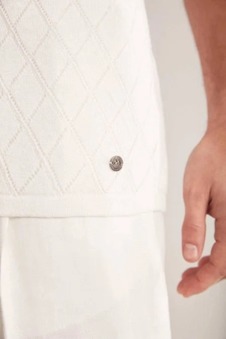 Ajur Desen Keten Pamuk Karışım Beyaz Triko T-Shirt