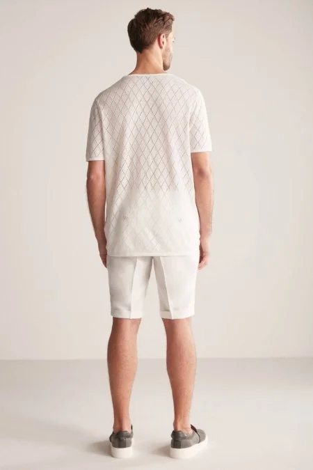 Ajur Desen Keten Pamuk Karışım Beyaz Triko T-Shirt
