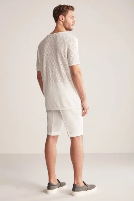 Ajur Desen Keten Pamuk Karışım Beyaz Triko T-Shirt