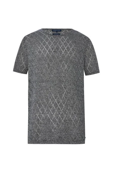Baklava Desen Keten Pamuk Karışım Siyah Triko T-Shirt
