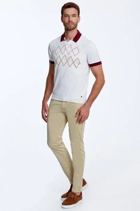 Baklava Desen Saf Pamuk Kırık Beyaz Triko Polo