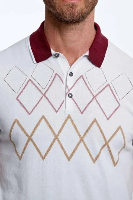 Baklava Desen Saf Pamuk Kırık Beyaz Triko Polo