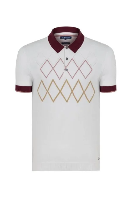 Baklava Desen Saf Pamuk Kırık Beyaz Triko Polo