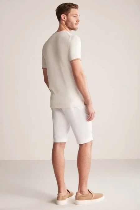 Argyle Desen Krem Rengi-Beyaz Giza Pamuk Triko T-Shirt