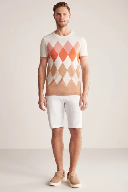 Argyle Desen Krem Rengi-Beyaz Giza Pamuk Triko T-Shirt