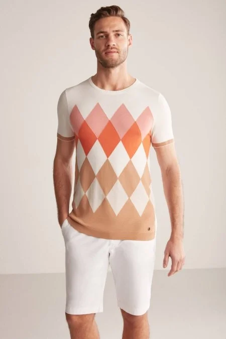 Argyle Desen Krem Rengi-Beyaz Giza Pamuk Triko T-Shirt