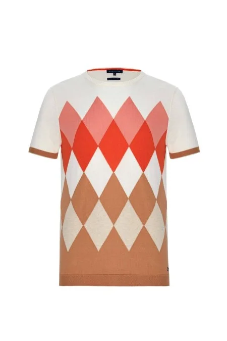 Argyle Desen Krem Rengi-Beyaz Giza Pamuk Triko T-Shirt