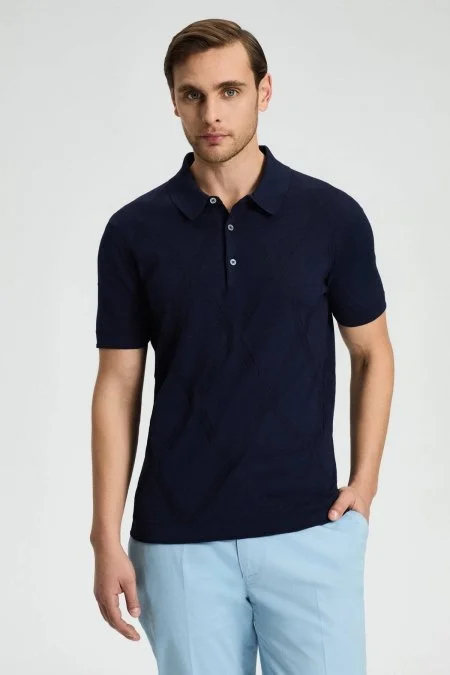 Baklava Desen Lacivert Merserize Pamuk Triko Polo