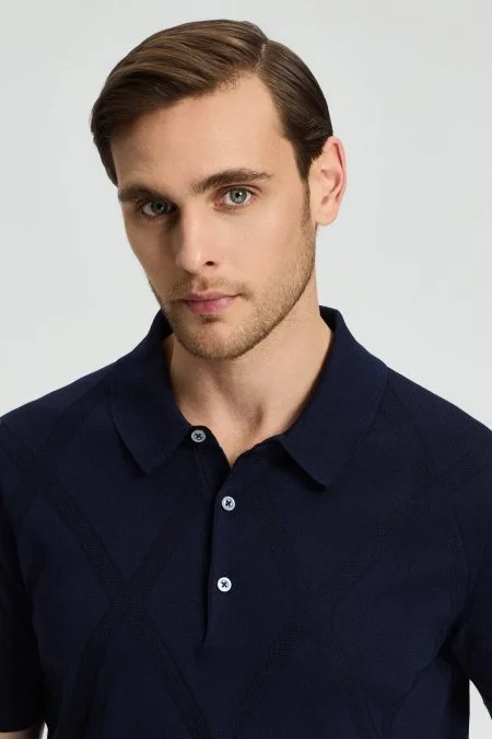 Baklava Desen Lacivert Merserize Pamuk Triko Polo