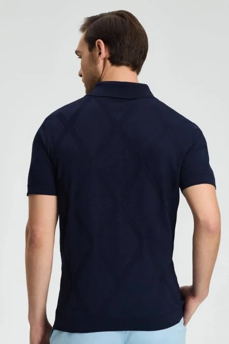 Baklava Desen Lacivert Merserize Pamuk Triko Polo