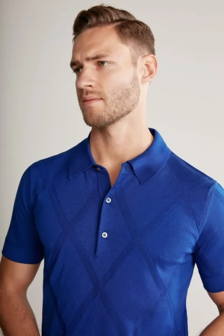 Baklava Desen Mavi Merserize Pamuk Triko Polo