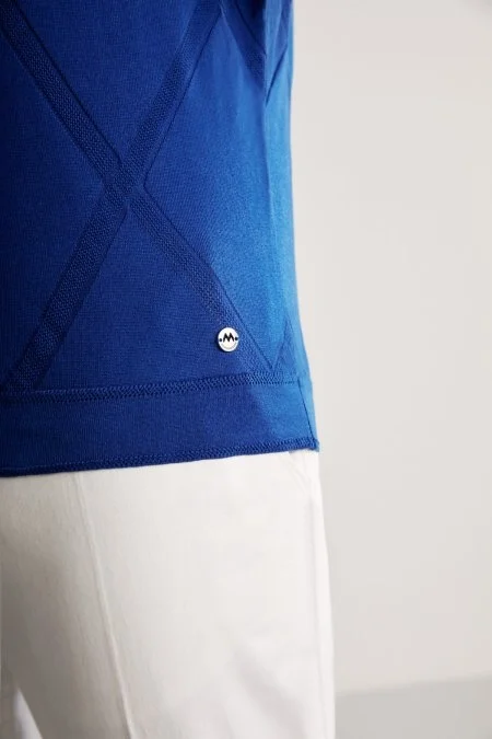 Baklava Desen Mavi Merserize Pamuk Triko Polo