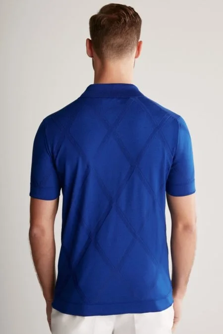 Baklava Desen Mavi Merserize Pamuk Triko Polo