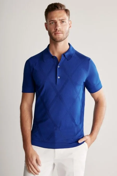 Baklava Desen Mavi Merserize Pamuk Triko Polo