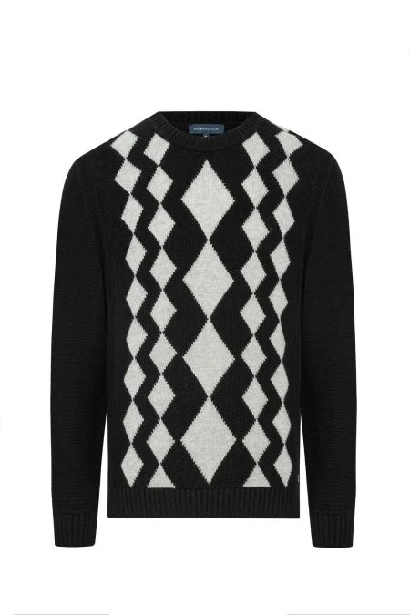 Baklava Desen Saf Kaşmir Siyah Kazak