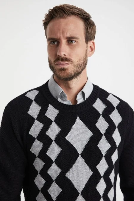 Baklava Desen Saf Kaşmir Siyah Kazak