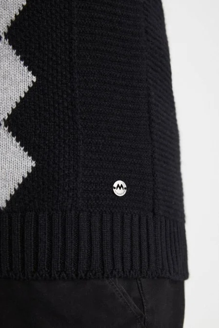 Baklava Desen Saf Kaşmir Siyah Kazak