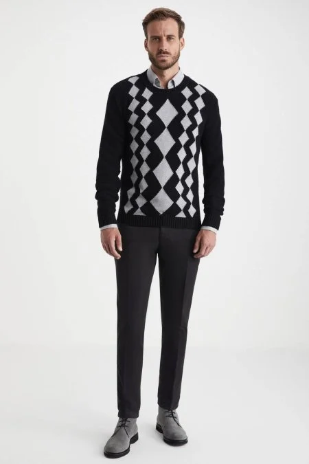 Baklava Desen Saf Kaşmir Siyah Kazak