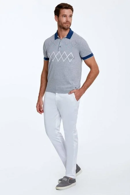 Baklava Desen Saf Pamuk Açık Gri Triko Polo