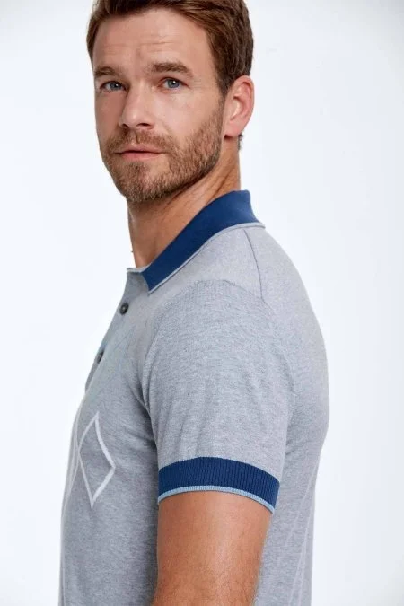 Baklava Desen Saf Pamuk Açık Gri Triko Polo