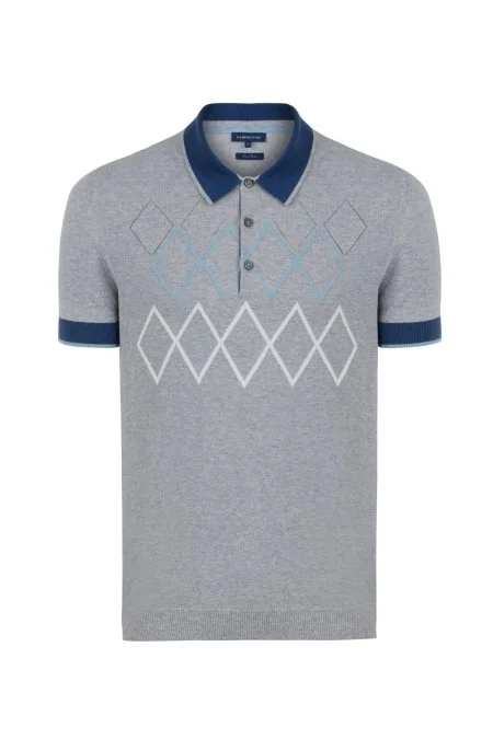 Baklava Desen Saf Pamuk Açık Gri Triko Polo
