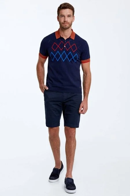 Baklava Desen Saf Pamuk Lacivert Triko Polo