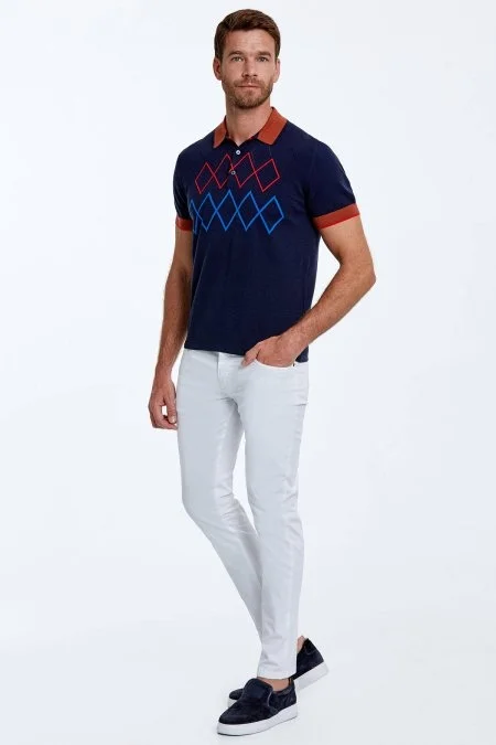 Baklava Desen Saf Pamuk Lacivert Triko Polo