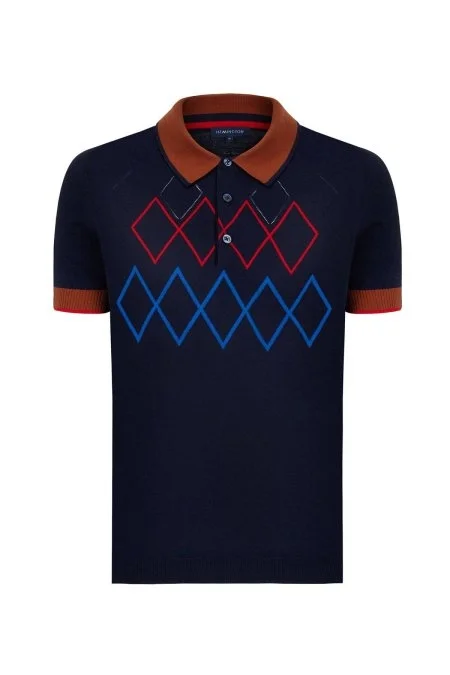 Baklava Desen Saf Pamuk Lacivert Triko Polo