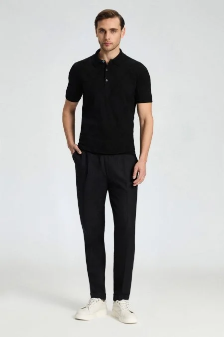 Baklava Desen Siyah Merserize Pamuk Triko Polo