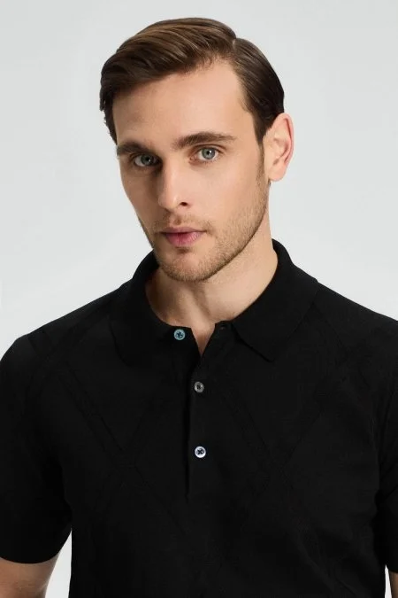 Baklava Desen Siyah Merserize Pamuk Triko Polo