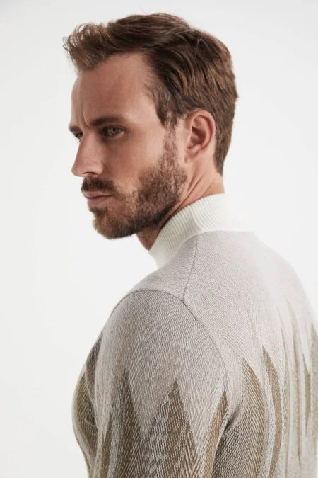 Balıkçı Yaka Desen Kaşmir Kahverengi Kazak